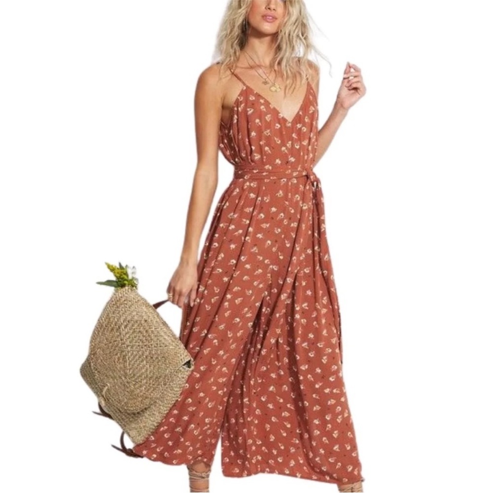 Billabong Rust Floral Jumpsuit with Tie Waist